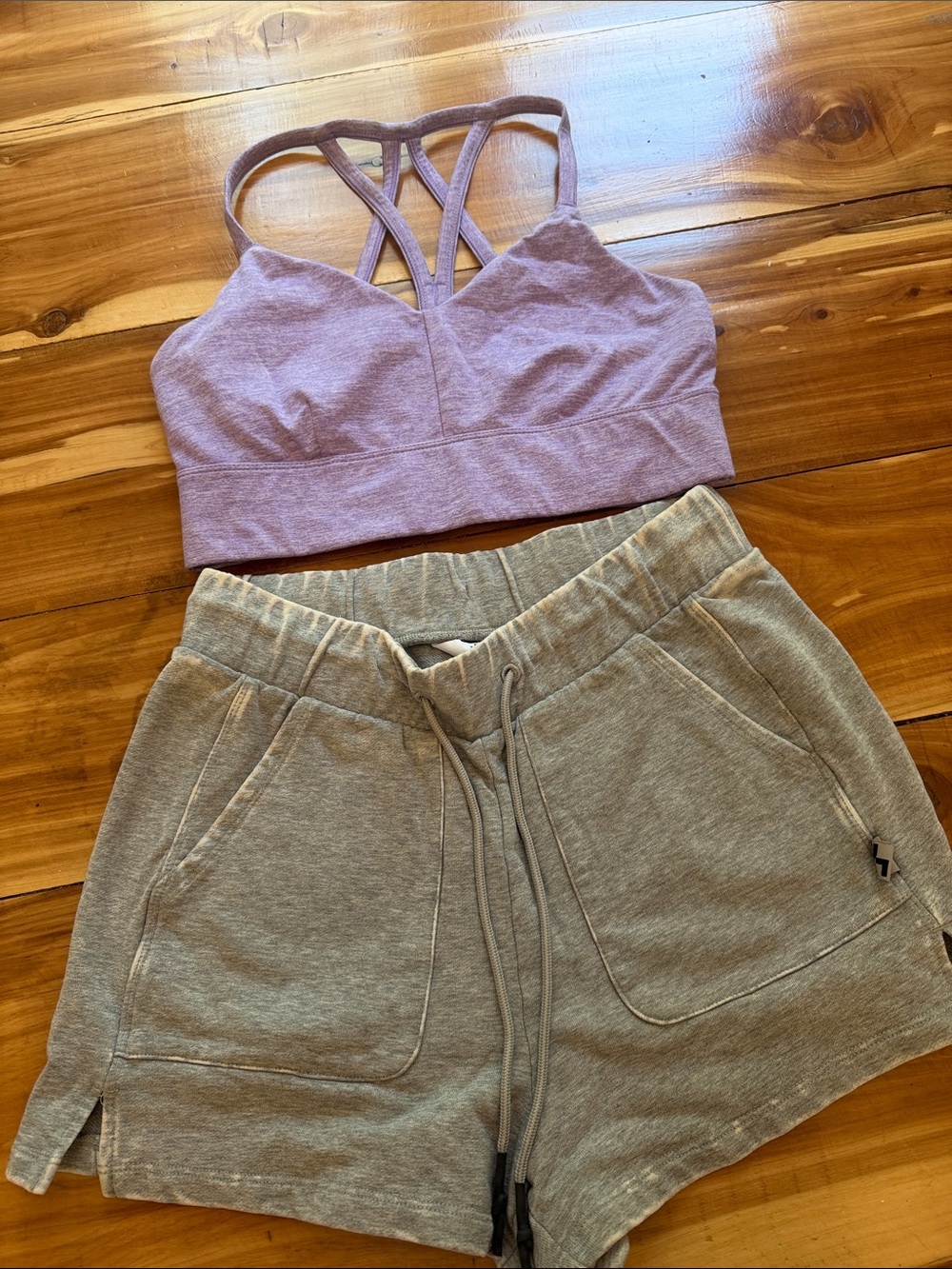 JoyLab Lavender Strappy Sports Bra with Gray Athletic Shorts, XS/S, Like New